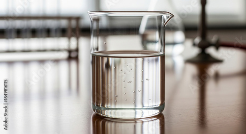 A clear glass beaker with a colorless liquid on a lab bench.