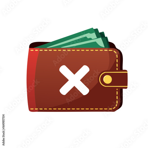 Wallet Icon Displaying Error or No Money, Denotes Financial Problems, Bankruptcy, or Loss with green bills and a white X on a leather brown wallet