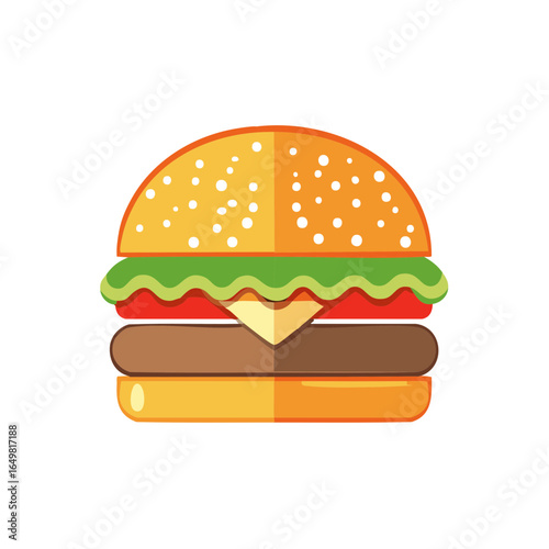 Vibrant Icon of a Classic Cheeseburger with Fresh Green Lettuce and Sliced Red Tomato, Sesame Seed Bun and Juicy Patty