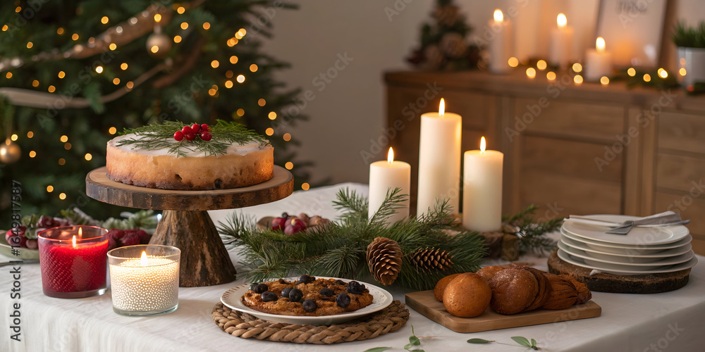 Naklejka premium Christmas table setting with cake pine branches candles and festive lights image