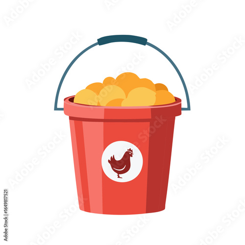 Bucket Full of Chicken Feed Food With Chicken on Side in Cartoon Style