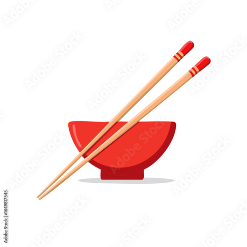Red bowl with chopsticks ready for Asian cuisine dining experience on white