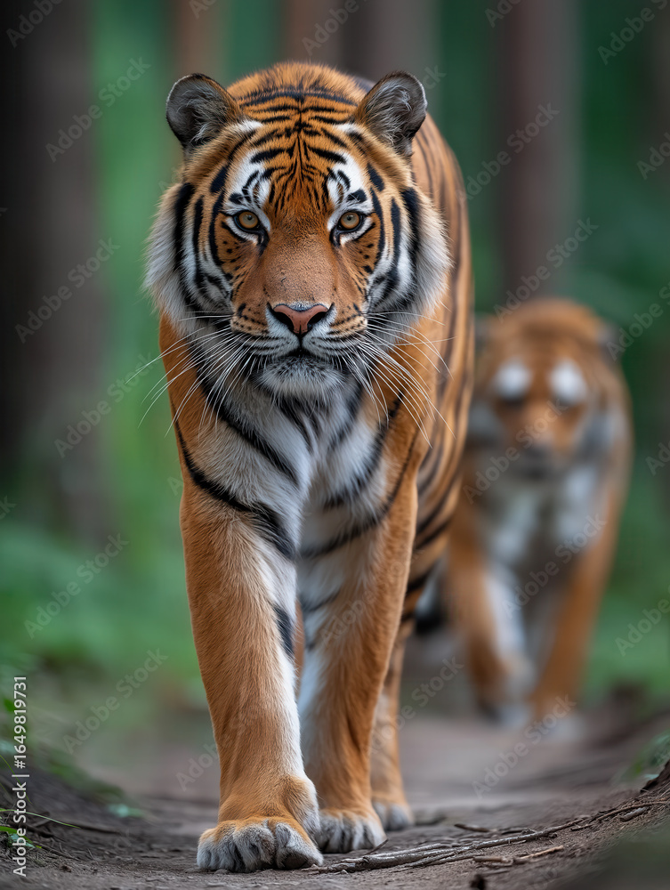 Fototapeta premium Bengal Tiger Walking Towards Camera in Forest Path