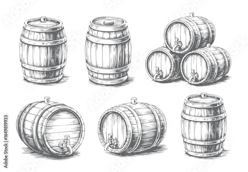 Rustic wooden barrels with tap in vintage engraving style. Antique oak barrels collection with detailed sketch