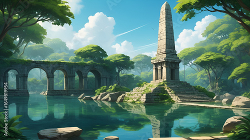 Ancient stone structures, lush greenery, calm water. Cenotaph. Illustration
