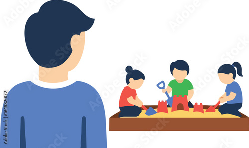 Children Playing in Sandbox with Adult Supervising Vector Illustration of Childhood Fun