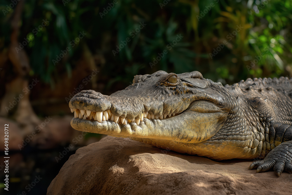 Obraz premium Crocodile Resting on Sunlit Rock with Slight Smile