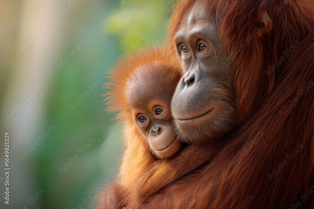 Fototapeta premium Mother Orangutan Gently Holding Her Baby Close