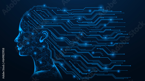 Virtual consciousness. A cybernetic profile of a feminine artificial intelligence with hair from the tracks of a printed circuit board. Polygonal design, blue background.