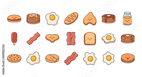 Cute breakfast food cartoon set with smiling face 
