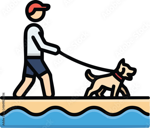 A vibrant icon illustrating a man walking his dog on a leash along a sandy beach, symbolizing pet companionship and an active lifestyle.