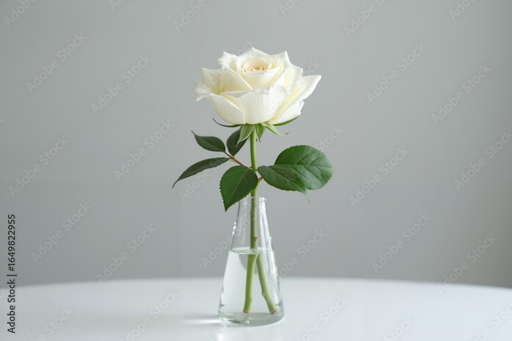 Fototapeta premium Elegant white rose in glass vase on minimalist table 
