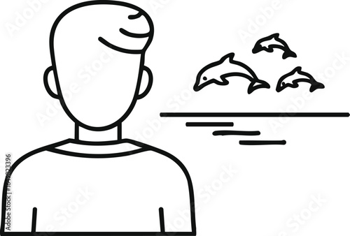 Man Dreaming of Dolphins in the Ocean A Black and White Illustration