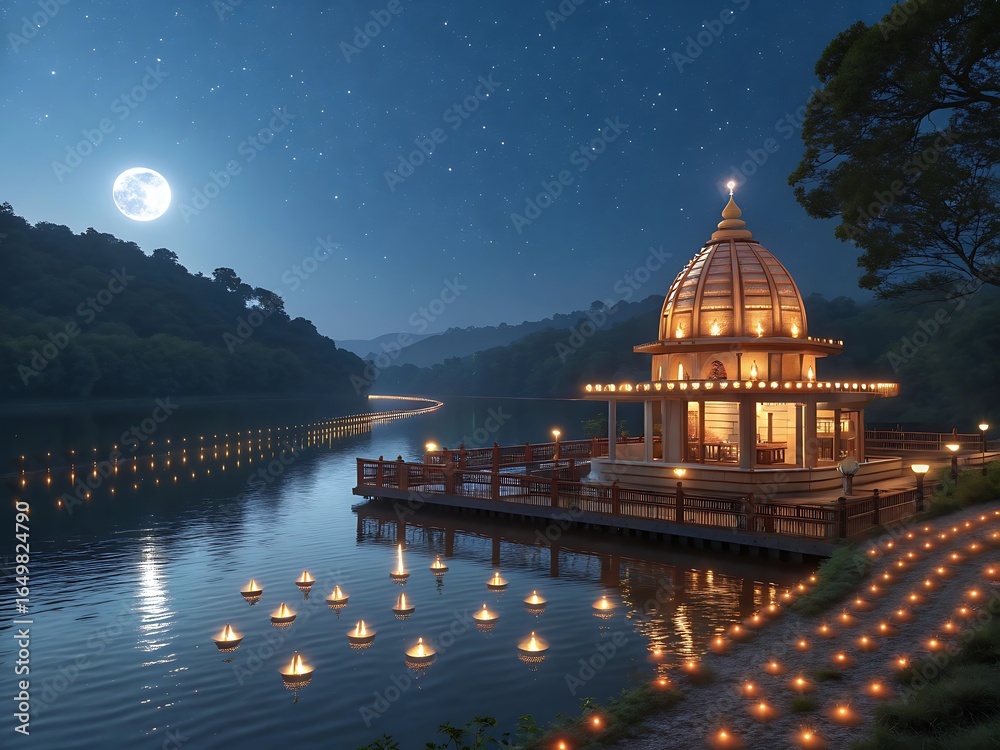Obraz premium Magical moonlit temple overlooking a river with floating lanterns