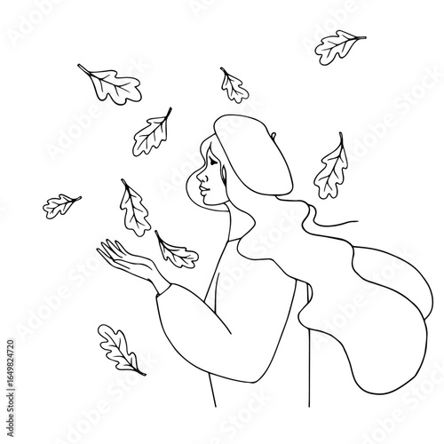Line sketch, contour of a cute girl with autumn leaves. Vector graphics.