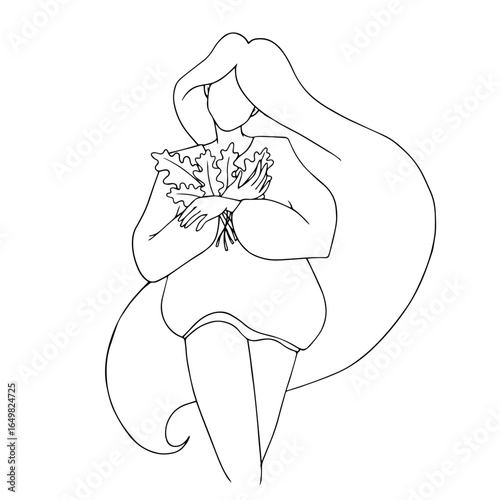 Line sketch, contour of a cute girl with autumn leaves. Vector graphics.
