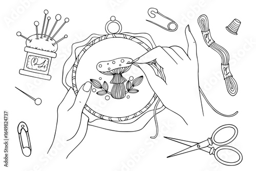 Linear sketch of needlework inventory, embroidery. Vector graphics.