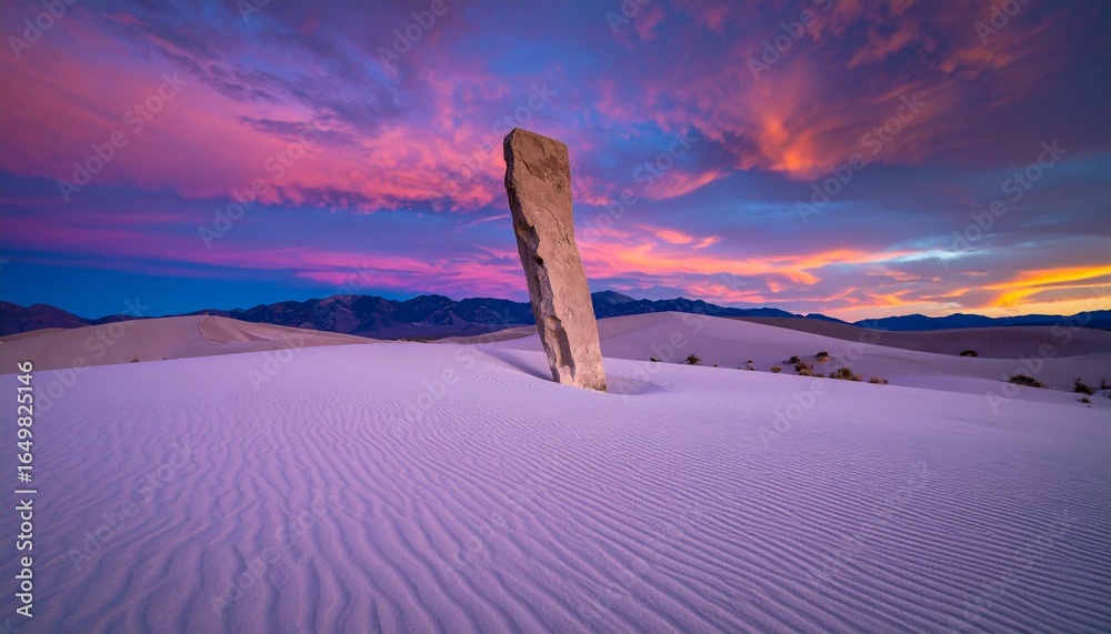 Obraz premium Majestic Stone Slab Stands Tall in Serene White Sand Dunes Under a Breathtaking Sunset Sky, Creating a Dramatic Desert Landscape Vista.