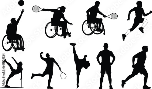 Athlete silhouettes, wheelchair sports, running, tennis, gymnastics, vector, black, inclusive, action, jump, pole vault, diversity