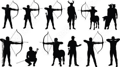 Archer silhouettes set with humans, centaurs, mythical creatures, bows, arrows, quivers, fantasy and archery sport vector illustration