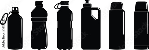 Bottle silhouettes set, water bottles, thermos, pump dispenser, black vector, drink container, outline, flat design, reusable, hydration, illustration