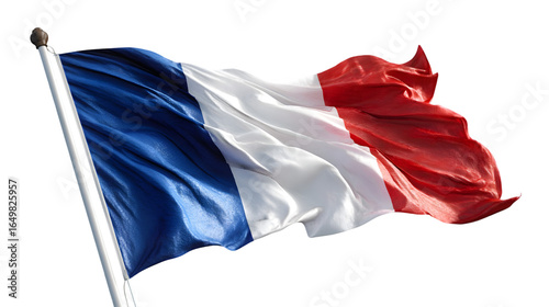 A waving french flag with blue white and red colors on a pole against a black background in the wind