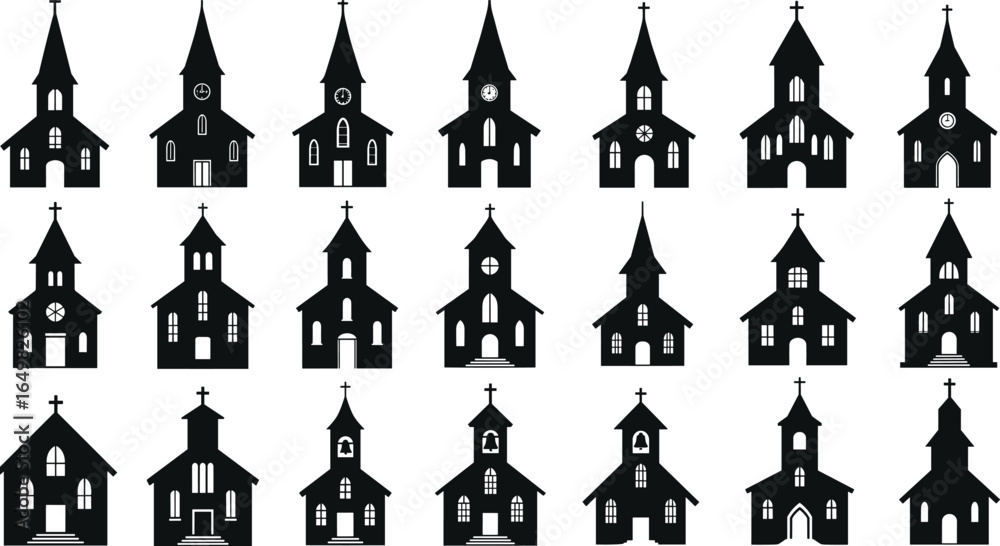 Naklejka premium Church silhouettes set with steeples, clocks, bells, windows, doors, varied designs, architectural landmark collection, black and white vector illustration