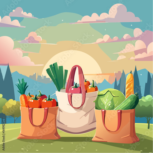 summer landscape with a basket of vegetables
