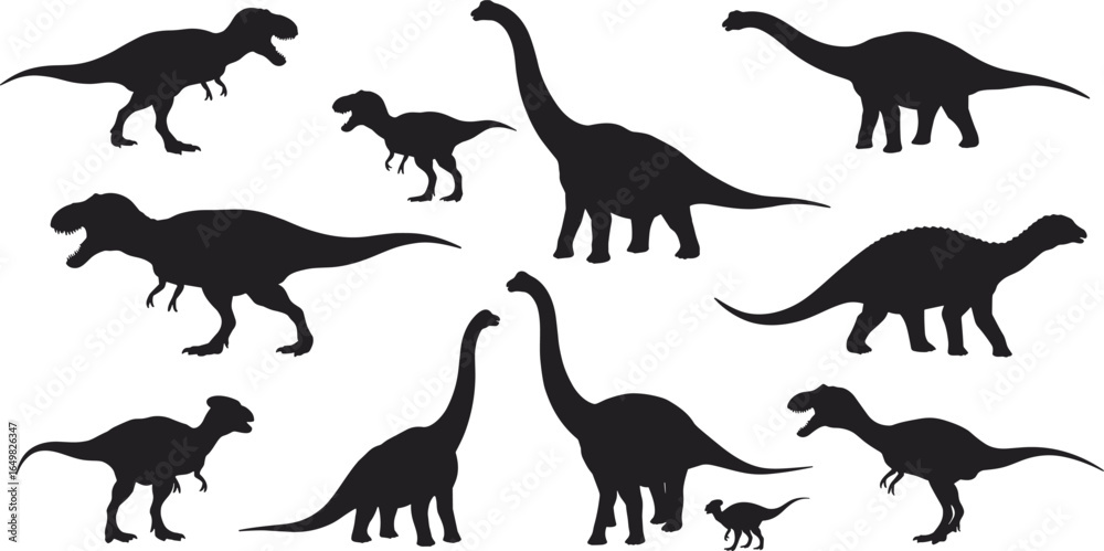 Naklejka premium Dinosaur silhouettes, prehistoric animals, black vector, Jurassic creatures, reptile species, fossil era, ancient wildlife, extinct species, flat illustration, outline graphic, CAD drawing