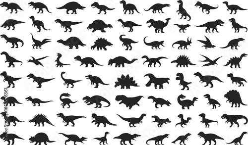 Dinosaur silhouettes, prehistoric animals, vector, black, species variety, extinct creatures, paleontology