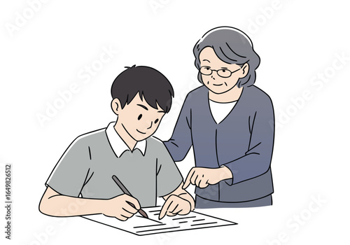 An elderly woman guides a young boy through a math test. Warm, supportive mentorship. Clear composition, focused learning. 

