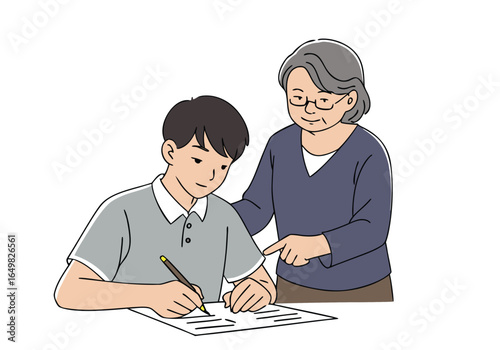 An elderly woman guides a young boy through a math test. Warm, supportive mentorship. Clear composition, focused learning. 
