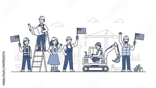 Construction Crew Illustration: A stylized illustration shows a dedicated construction crew, hard at work amidst the backdrop of a modern construction site, teamwork, and structural integrity.