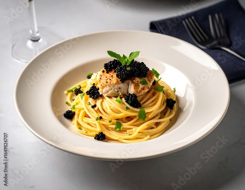 Creamy pasta dish with fish and caviar