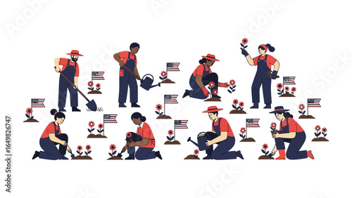 Cultivating Blooms: A diverse team collaboratively cultivates a beautiful garden of flowers, planting and watering with dedicated focus in an enchanting illustrative scene.