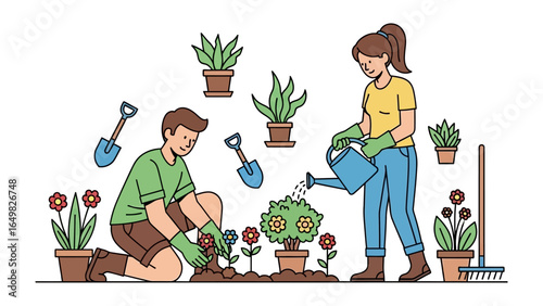 Gardening Together: A vibrant illustration of a couple nurturing a flourishing garden, demonstrating the joys of nature, and togetherness.
