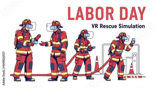 VR Rescue Simulation: A graphic rendering illustrates firefighters engrossed in a virtual reality (VR) simulation for Labor Day, showcasing advanced technology in emergency response training.