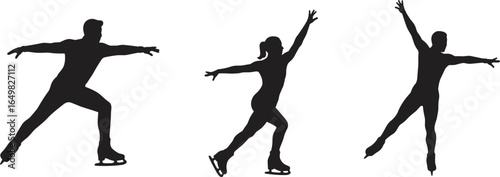 WebIce skater silhouettes, dynamic poses, figure skating, vector, black, graceful, motion, winter sport, balance, elegance, technique, performance
