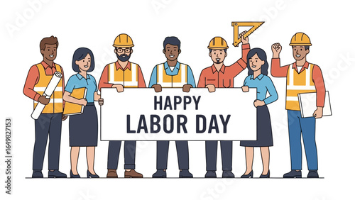Labor Day Tribute: A united group of construction workers, holding a banner, stands in solidarity to commemorate Labor Day, reflecting the spirit of hard work and dedication.