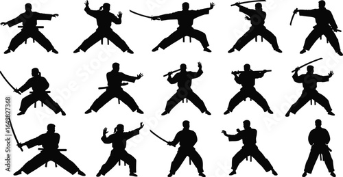 Martial artists with swords silhouettes set, various stances and techniques, defensive and offensive poses, combat sport vector illustration