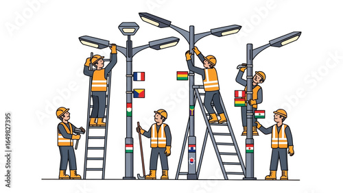 Streetlight Installation: A team of skilled workers is installing streetlights with the national flag. Capturing a sense of collaboration and community