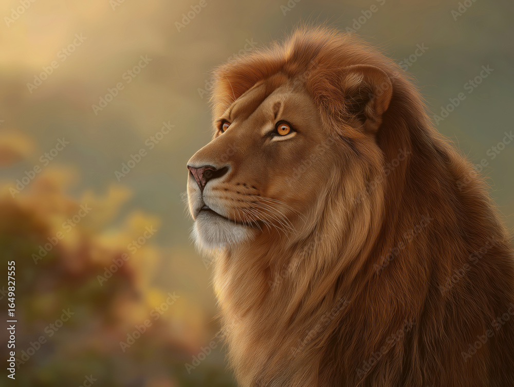 Obraz premium Majestic lion with a flowing mane gazes into the distance, surrounded by a soft, blurred natural background, capturing the essence of wild beauty and strength