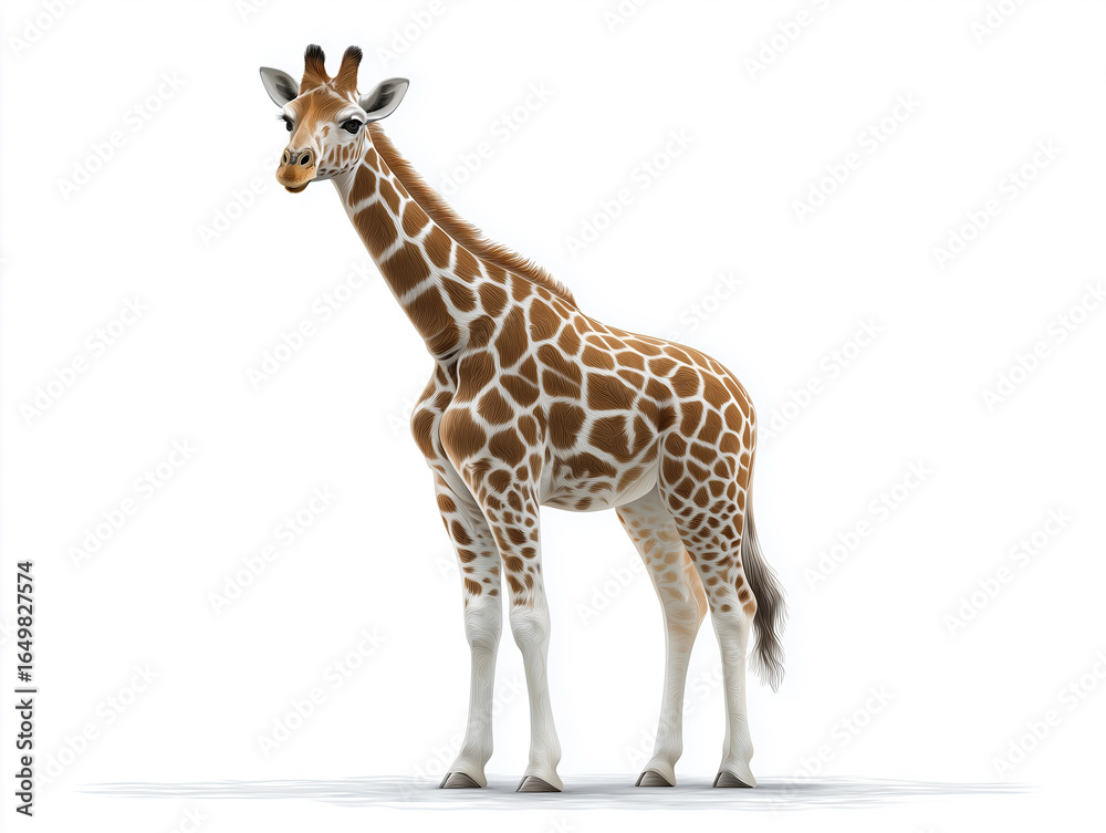 Fototapeta premium Giraffe standing gracefully on a white background, showcasing its long neck and distinctive coat patterns, symbolizing the beauty of wildlife and nature conservation efforts