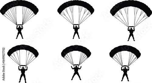 Parachutist silhouettes, skydiving, airborne jump, parachute descent, black vector, extreme sport, freefall, canopy, adventure, aviation, sport, posture, outline, flat illustration, CAD drawing