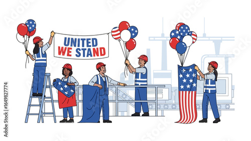 United We Stand: A diverse group of construction workers enthusiastically prepare a patriotic display with stars and stripes.