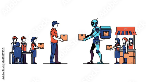 Robotics Delivery Transition: An Illustration depicting the future of logistics, where humans and robots collaborate in package delivery.
