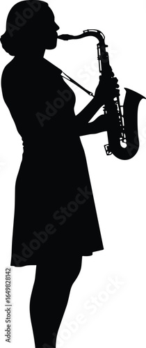 Silhouette of saxophone player, standing pose, black vector, female musician, live performance, jazz music, instrument, flat design, outline illustration