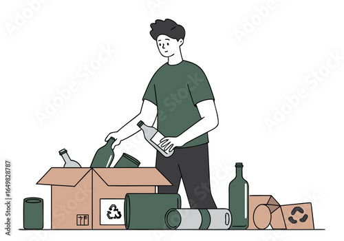 A young man sorts recyclable bottles in a cardboard box. Clean, modern illustration with a focus on sustainability and recycling. Bright, pastel background.