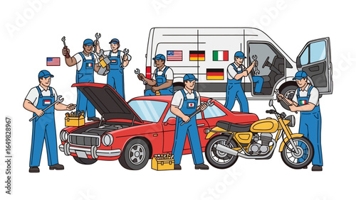 Mechanics and Their Machines: Mechanics from various backgrounds work harmoniously, attending to a car, van, and motorcycle, while displaying their repair tools and flags.