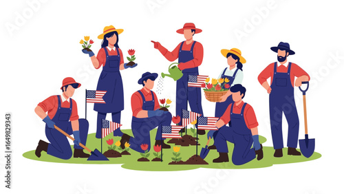 Gardening Team Planting Flowers: A diverse group of individuals joyfully planting flowers in a vibrant garden, with a focus on nature, community, and cultivating beauty.
